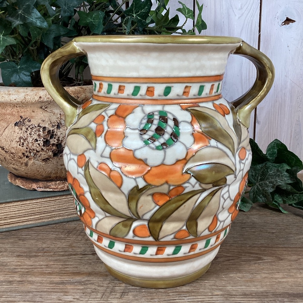 Charlotte Rhead Crown Ducal Pottery Twin Handled Vase Persian Rose Patte…